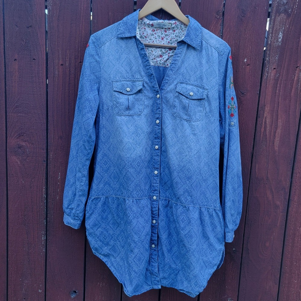 Tasha Polizzi Collection Embroidered Denim Shirt Dress Blue Southwestern Medium